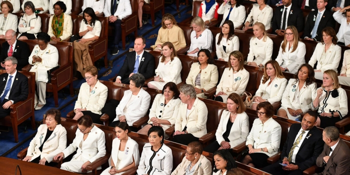 Washington Post Asks Wellesley Economics Professor about Gender Quotas in Government Women members of congress sit wearing white.