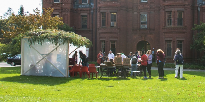 In Celebration of Sukkot, A Sukkah Stands on Wellesley’s Chapel Lawn A sukkah on Chapel Lawn