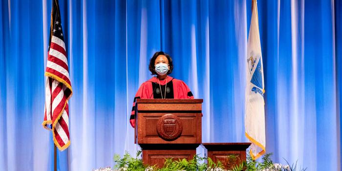 At Wellesley’s First Virtual Convocation, President Johnson Says “This Is What Hope Looks Like” Paula Johnson speaking at podium