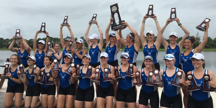 Wellesley Athletics Celebrates the Past, Present, and Future as the 2018 Academic Year Closes The Wellesley Blue Crew team holds up trophies after placing in national competition