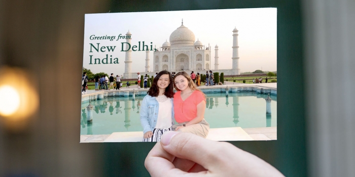 Dear Wellesley: Daniela Limbania ’21 and Jennifer Duan ’21 write from New Delhi students smiling and standing in front of Taj Mahal