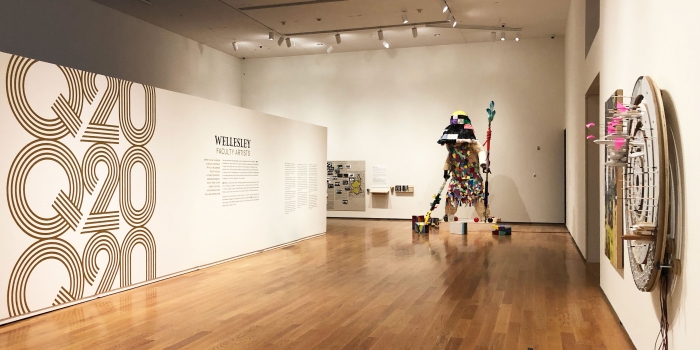 New Davis Exhibit Showcases Works by Wellesley’s Faculty Artists In the Davis Museum. a figure like sculpture stands in a corner.
