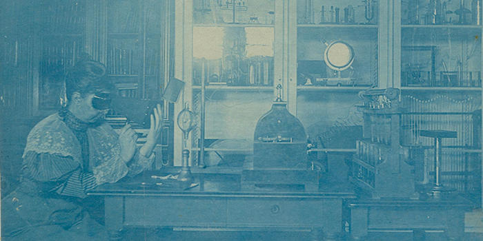 Wellesley Professors Find Cyanotypes Documenting Sarah Frances Whiting’s 1896 X-ray Experiments Sarah Frances Whiting (1847–1927) uses a fluoroscope to examine the bones in her hand in Wellesley College’s physics laboratory