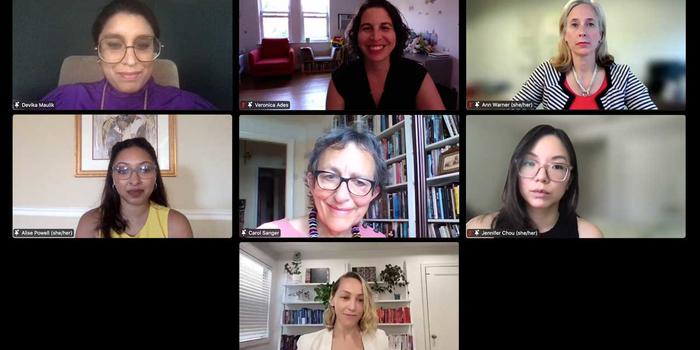 “This is the world we now live in”: Wellesley Alums Explain the Post-Roe Reality in Law, Advocacy, and Health Care Screenshot shows seven Zoom screens from the June 30th webinar discussing the Dobbs decision.