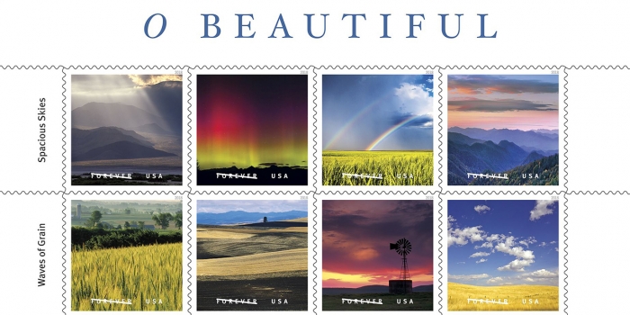 The U.S. Postal Service Releases“O Beautiful” Forever Stamps, Featuring Scenes Inspired by Wellesley Alumna Katharine Lee Bates’ “America the Beautiful” Eight images of the US Postal Service's Forever Stamps depicting scenes of Spacious Skies and Waves of Grain across the U.S.