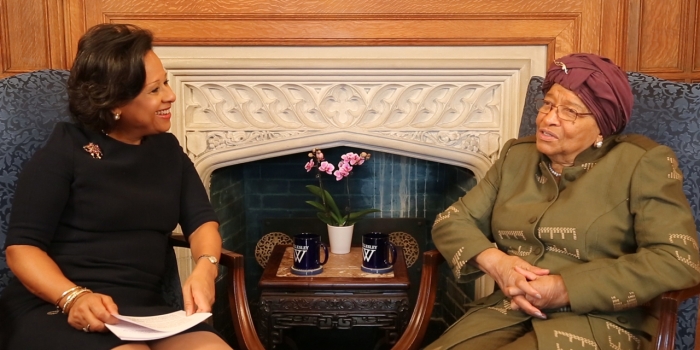 President Paula A. Johnson sits down with influential women leaders in a series of interviews, exploring their early career influences, groundbreaking achievements, and their thoughts on the future of leadership President Johnson sits with Ellen Johnson Sirleaf in an office.