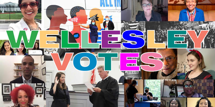 A Roundup of #WellesleyVotes Stories To Read on the Eve of the Presidential Election image collage of people with the words "wellesley votes"