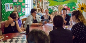 Steering Committee Member of ICAN, 2017 Nobel Peace Prize Awardee, Discusses Nuclear Disarmament with Students Ray Acheson sits with students at El Table