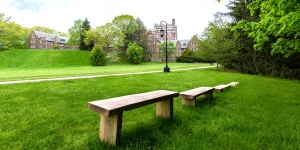 Wellesley Students Build Benches Made from Recycled Campus Trees Four benches made of wood and by students overlooking Severance Green