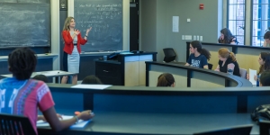 Wellesley Professor Discusses the Glass Cliff Phenomenon on “Freakonomics” Podcast Olga Shurchkov ’01 stands before her class at Wellesley College