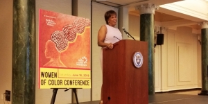 Wellesley Centers for Women and Boston’s Home for Little Wanderers Host Women of Color Conference at Wellesley College Liz Walker speaks at a podium as the keynote speaker at Wellesley's first ever Women of Color Conference.