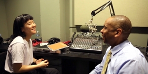 Podcast Discusses Approaches to Workforce Diversity in Wellesley’s Construction Projects A student and staff member sit in a recording studio, talking.