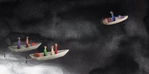 Immigrant Journeys: How Six Alumnae Came to the United States to Build New Lives An illustration of people sitting in three boats on a dark ocean.