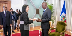 Michele Sison ’81 Named U.S. Ambassador to Haiti Ambassador Michele Sison '81 presents her credentials to the president of Haiti.
