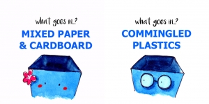 How to Change the World Without Leaving Your Residence Hall Two watercolored boxes with faces on them. Above one text reads, "commingled plastics" and the other "mixed paper and cardboard"