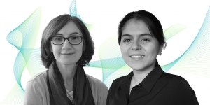 Wellesley Student and Professor Research Wikipedia’s Role in Perceived Political Bias black and white photo of wellesley student and professor against an abstract color background