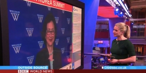 Wellesley Professor Analyzes Second North Korea Summit in Media Appearances Kathy Moon appears on a TV screen.
