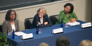 Anita Hill Joins Wellesley and MIT to Discuss Recent Report on Sexual Harassment in STEM President Johnson speaks on a panel with Anita Hill and an MIT professor.