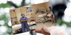 Dear Wellesley: Cecilia Barreto ’20 Writes from Brigham and Women’s Hospital in Boston A student wearing hospital scrubs stands in front of an operating table in a hospital room