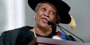 Wellesley Remembers the Life and Legacy of Toni Morrison Toni Morrison speaks from a podium at commencement