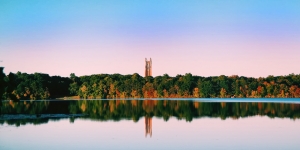 Hello, Autumn! A fall view of campus from lake waban.