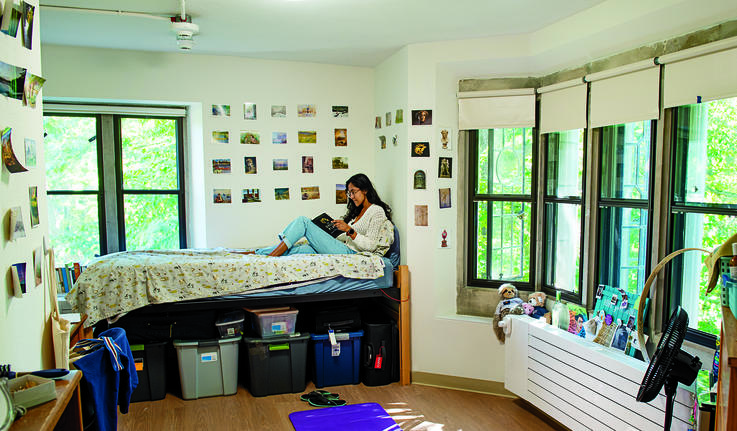 Severance House President Anjali Aralikar ’23 relaxes in her renovated dorm room.