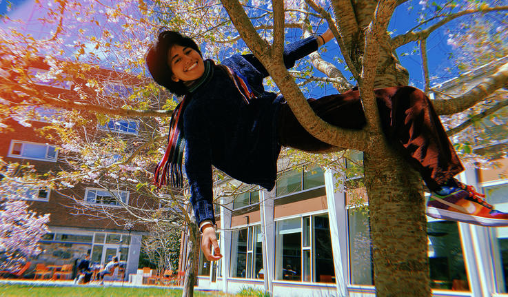 A student sits in the base of a tree with one hand grasping a branch and the other dangling behind her. She smiles at the camera