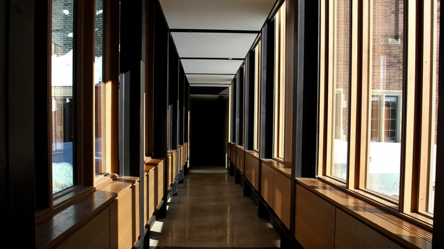 Across the academic quad from Acorns, a skywalk connects the original west wing of Pendleton Hall to an addition, scheduled for completion in the spring.