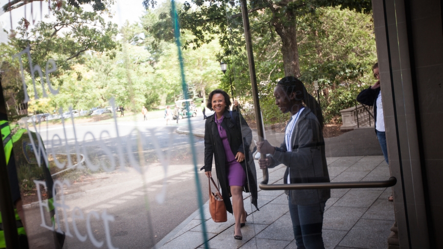 Dr. Johnson arriving at Alumnae Hall