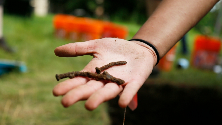 A hand from out of the frame holds two rusty nails.