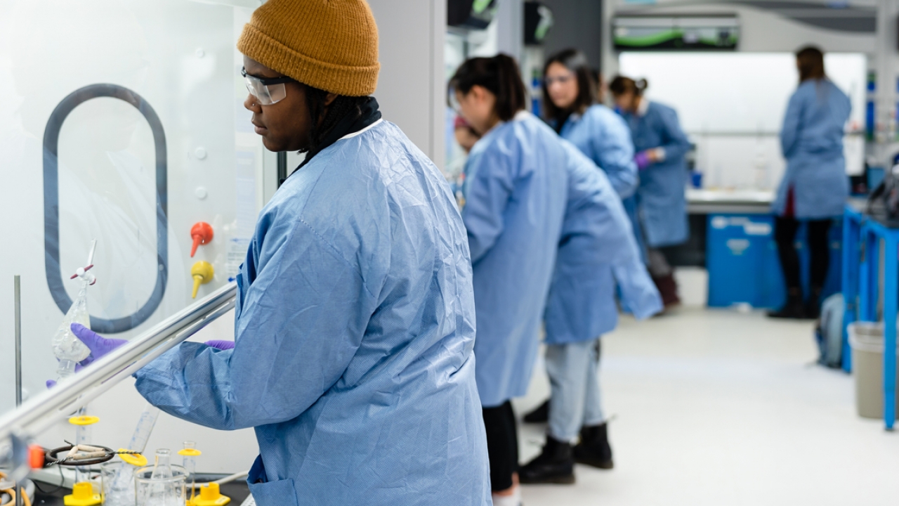 Students work under a hood in a lab at Wellesley.