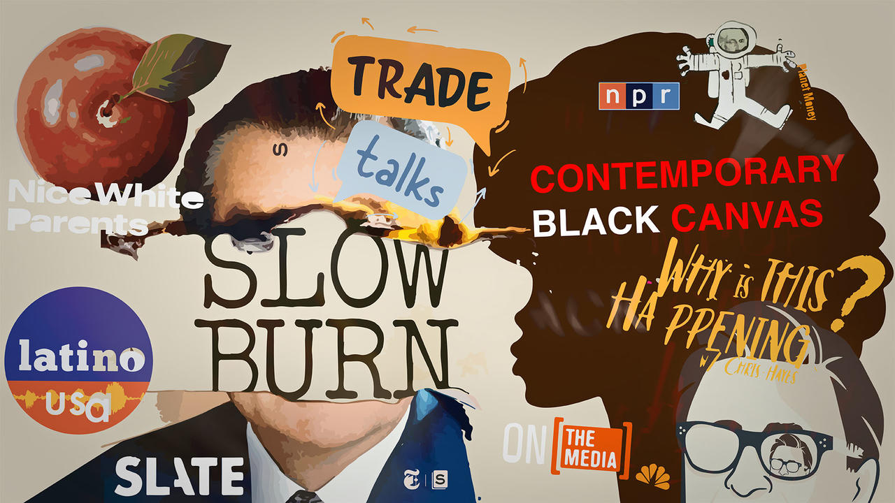 collage of podcast logos