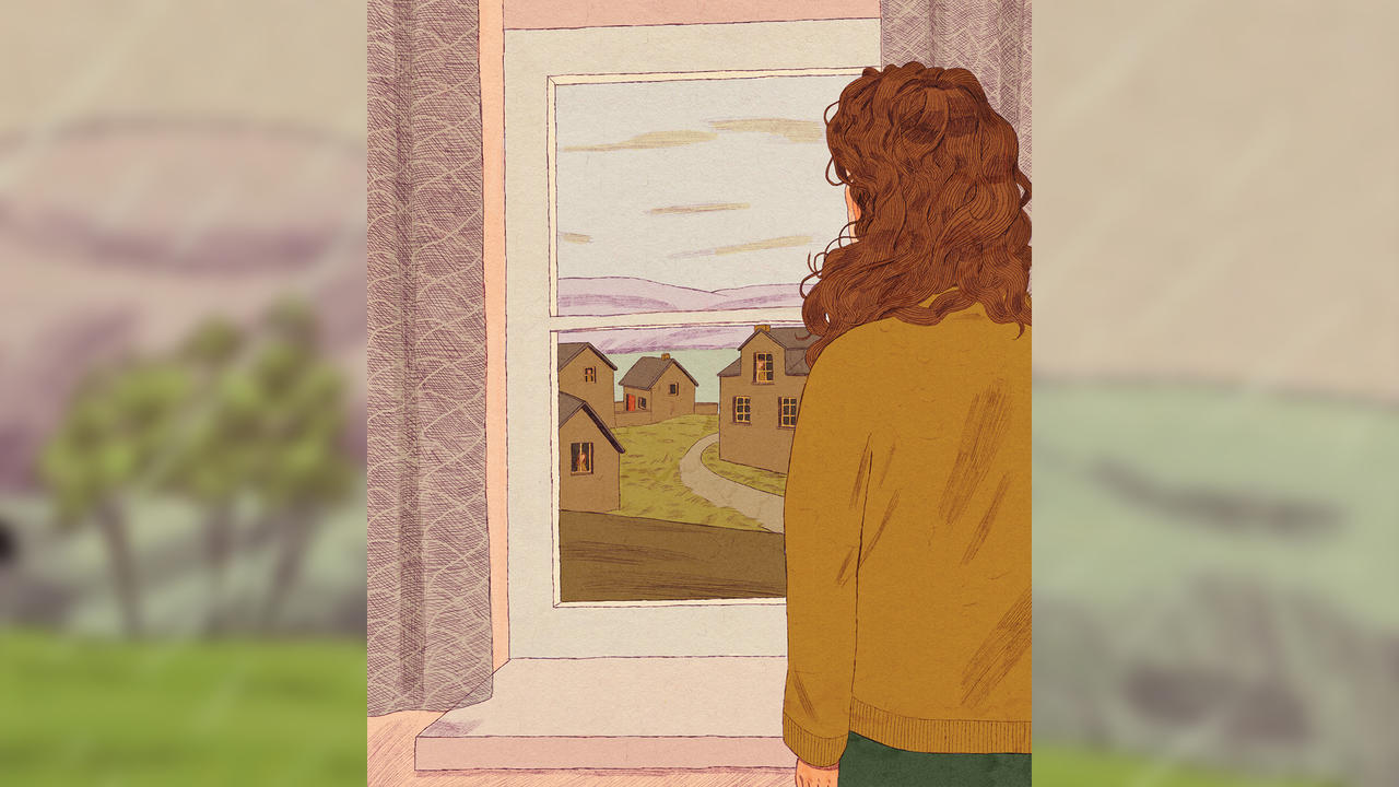Illustration of a woman looking out a window.