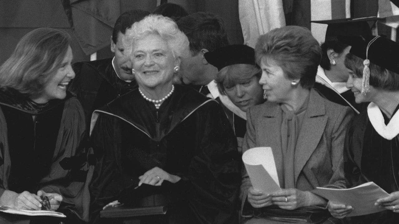 Wellesley College President Nannerl Overholser Keohane ’61, Barbara Bush, and Rasia Gorbachev at commencement in 1990.