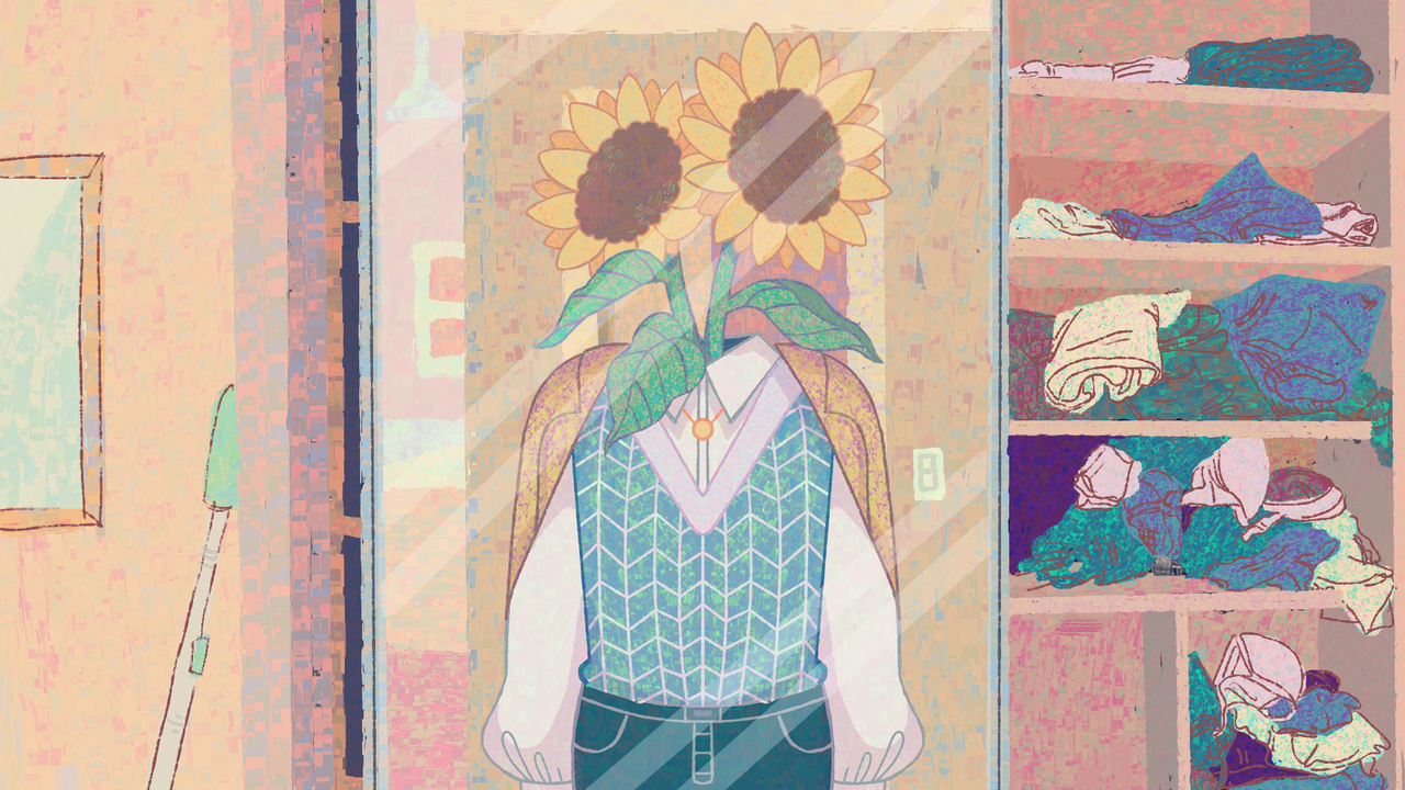 A photo still from a video game showing a humanoid sunflower.