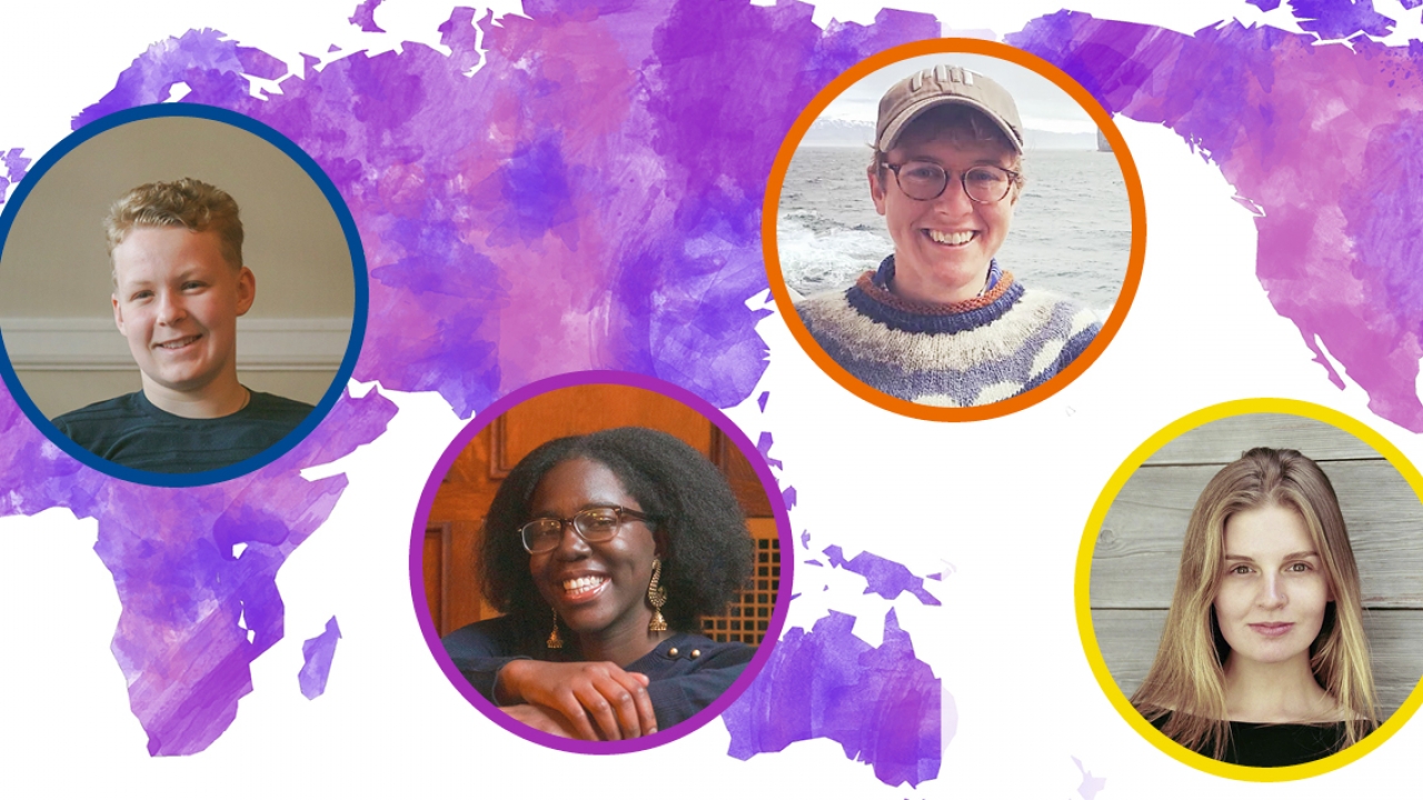 A map or the world in purple. Four images of students and alumnae are placed on the map