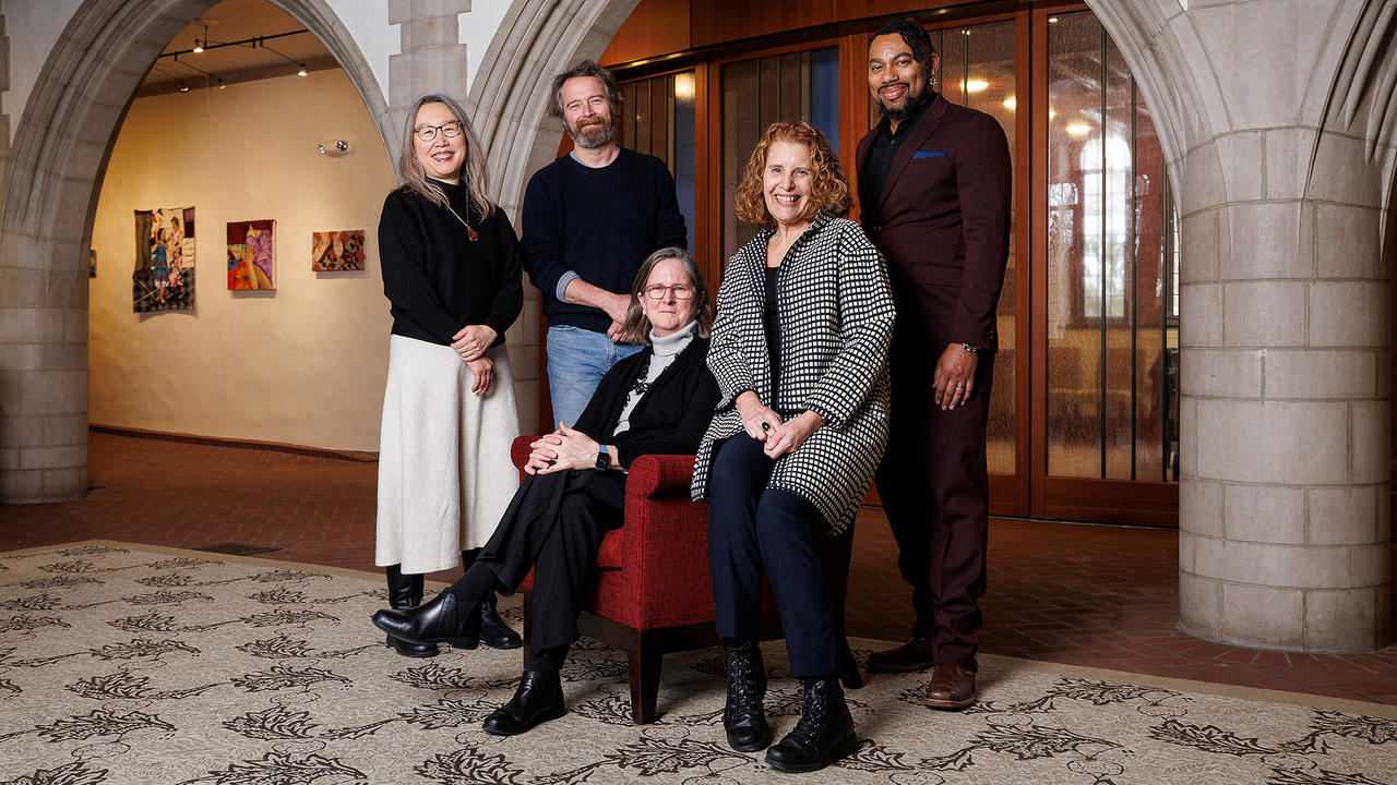 A portrait of the five faculty members who received Mellon grant funding