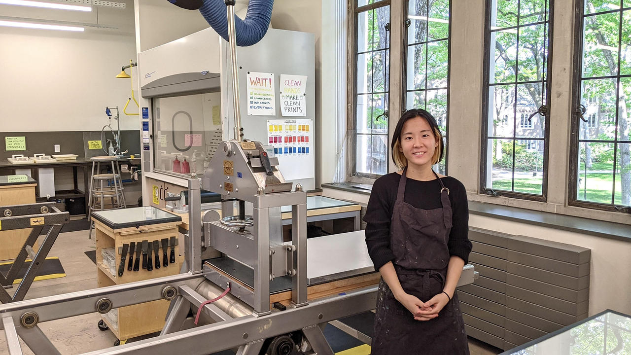 Rinako Sonobe stands in the printshop in Pendleton West