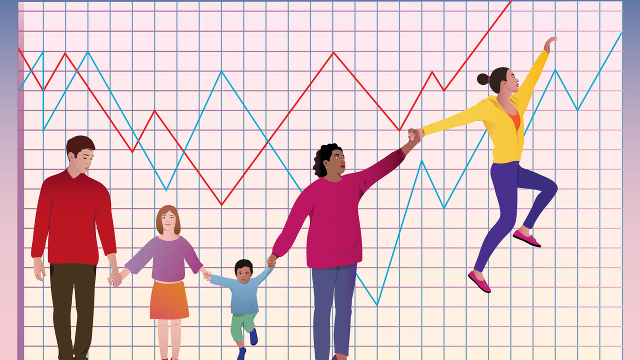 A graphic drawing of people standing along and upward sloping line