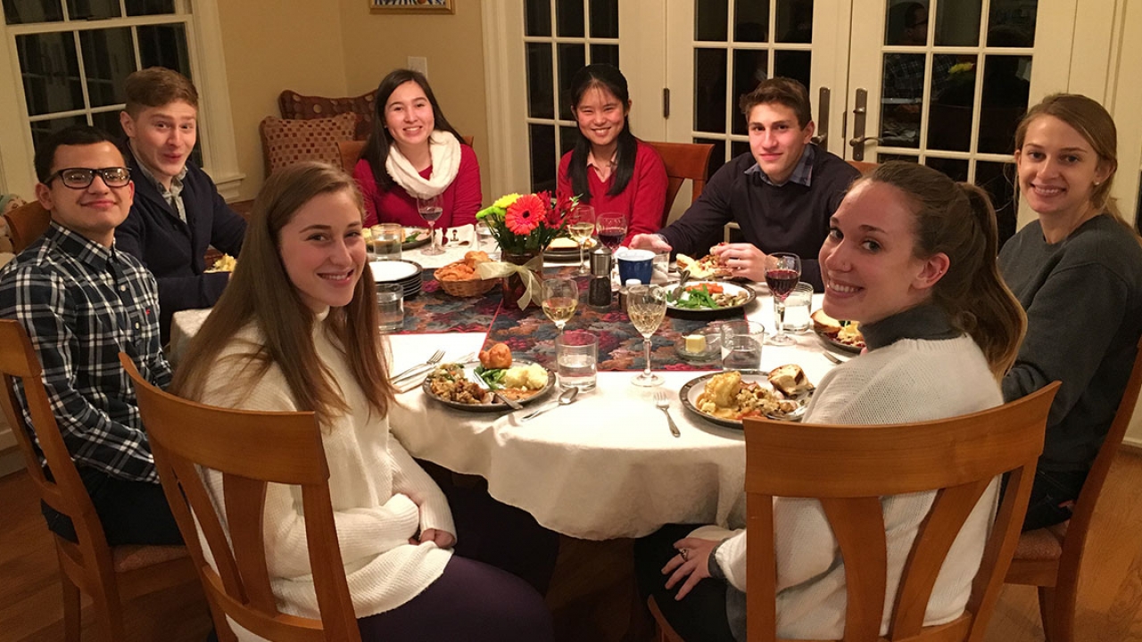 students from around the country enjoy a Thanksgiving meal